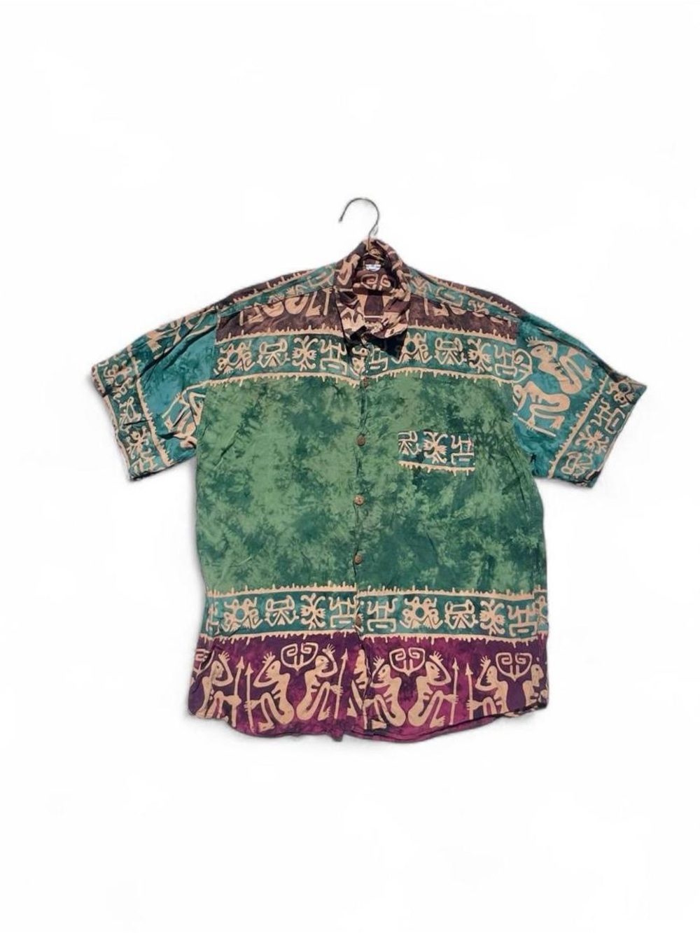 Green Tribal Batik Button Up Shirt Size M Boho 90s Style